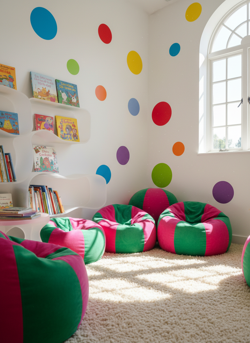 A cozy, whimsical reading nook composed of plush, rounded beanbag chairs upholstered in alternating stripes of vivid pink and lush green velvet, nestled against a softly curved, white wall decorated with colorful, oversized polka dots. A cluster of translucent bookshelves filled with vibrantly colored children’s books lines one side. Natural daylight filters in through a high arched window, casting dynamic, playful shadows and illuminating the textures of the seating. The mood is welcoming and playful, inviting relaxation and exploration. Photographed from a low, wide-angle perspective to emphasize space and comfort, the composition uses rule of thirds to balance the scene. The photographic style is bright, clean, and vibrant, reflecting the inclusive, energetic identity of the organization.