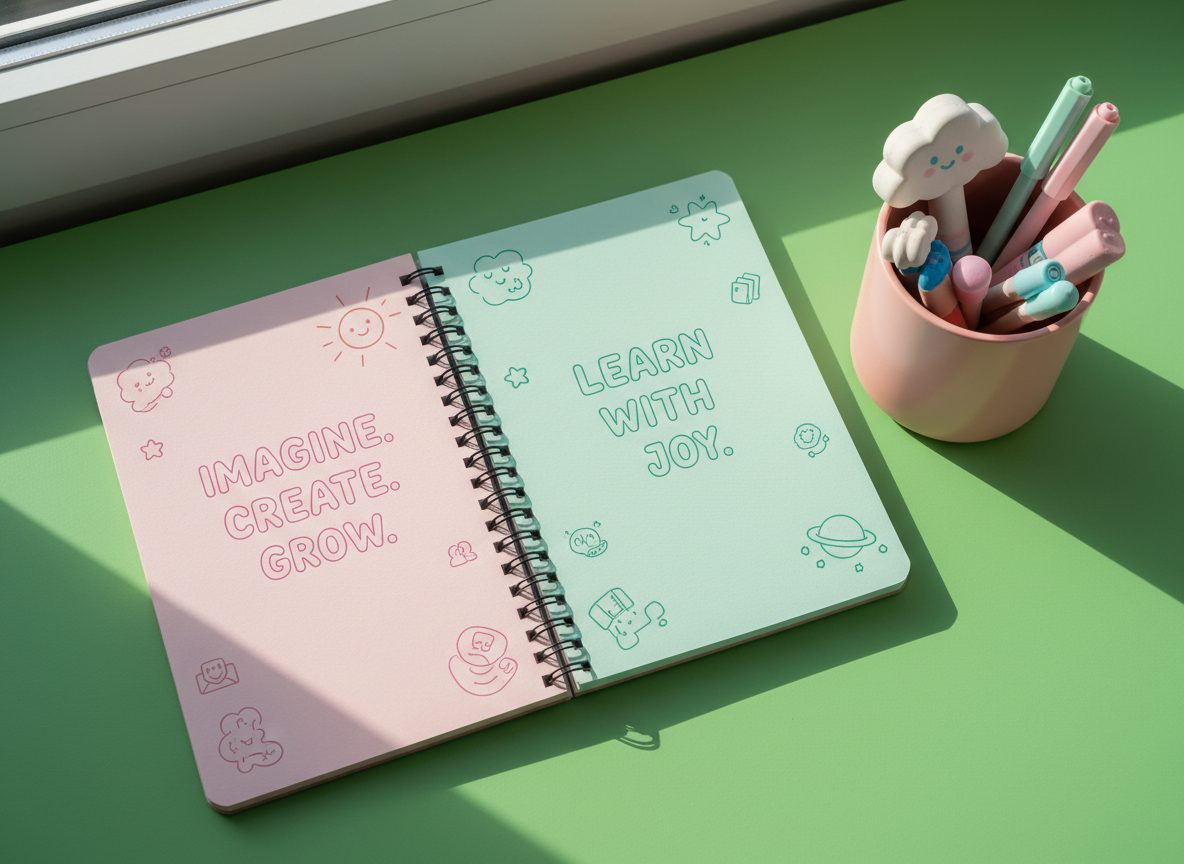 An open spiral-bound notebook with soft, rounded corners and pastel pink and green pages dotted with expressive doodles and playful sketches, each sheet textured with a subtle, inviting grain. The notebook rests on a bright green desk beside a rounded pink pencil holder filled with quirky, oversized erasers and pens. Afternoon sunlight diffuses through a nearby window, creating gentle highlights and a vibrant, optimistic atmosphere. Photo taken from a top-down, slightly angled view, emphasizing the organized yet lively spread. The mood is energetic and creative, with a clean, photographic look and a whimsical, modern layout—perfect for conveying the supportive, educational mission of the site.